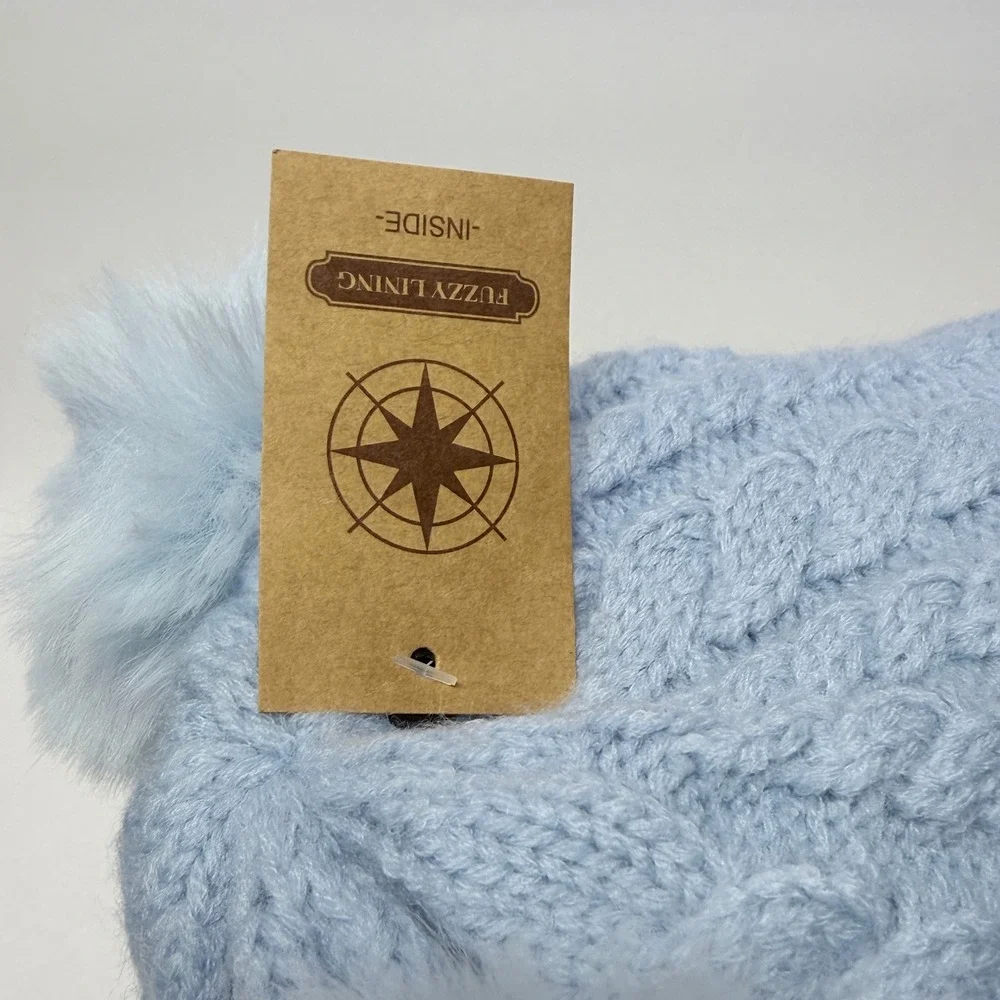 James Paul Youth Light Blue Cable Knit Double Pom Beanie Heart Detail New